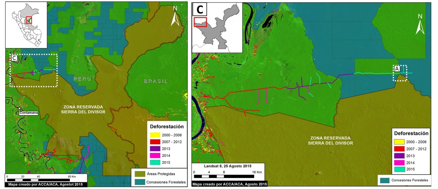 Imagen 15c. Expansión de la carretera forestal en el sector noroeste de la Zona Reservada. Datos: MINAM-PNCB/MINAGRI-SERFOR, SERNANP, USGS.
