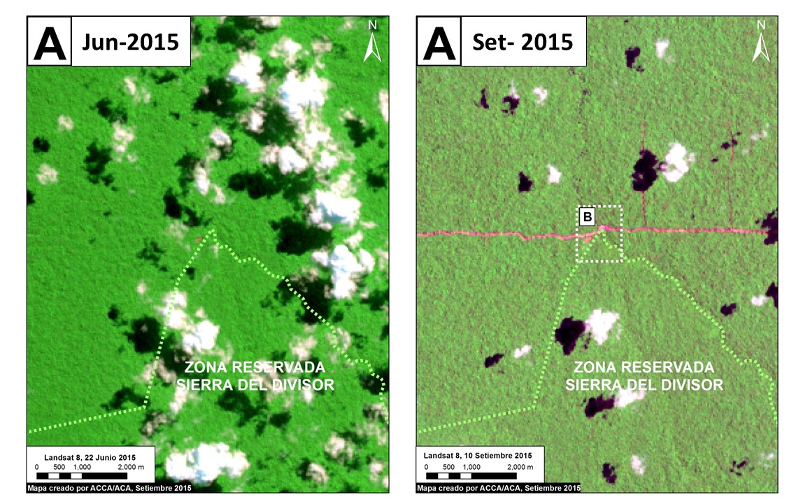 Imagen 15a. Imágenes satelitales de la nueva carretera forestal. Datos: SPOT 7 de Airbus, USGS, SERNANP.