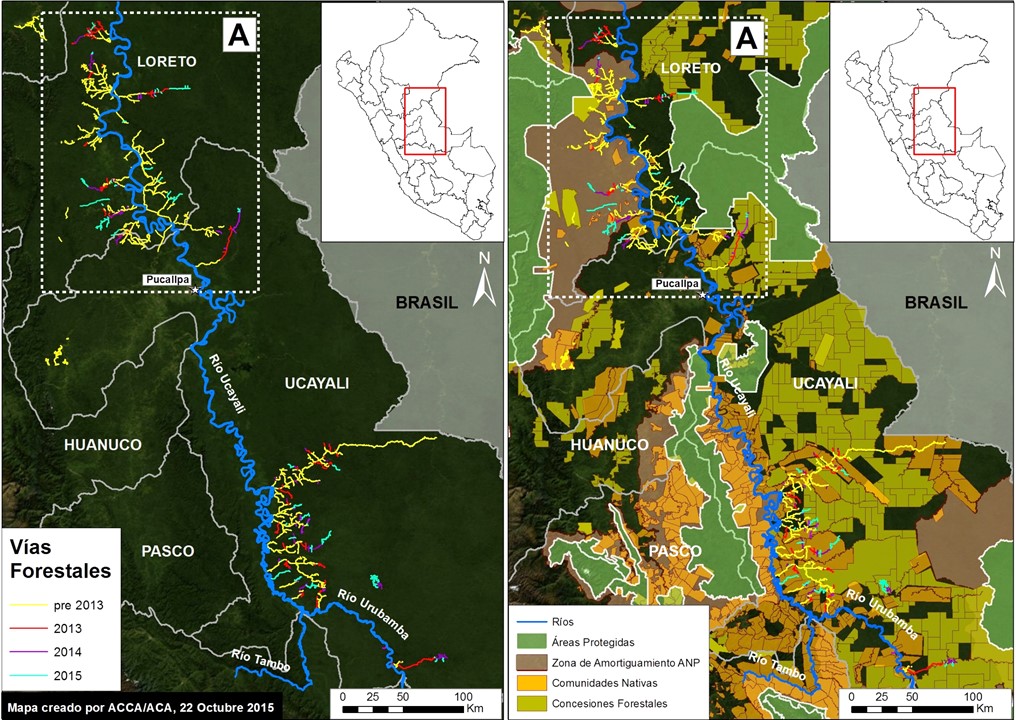 Imagen 18b. Carreteras forestales en la Amazonía peruana central. Datos: SERNANP, CIMA-Cordillera Azul, IBC, SERFOR, USGS, MINAGRI.