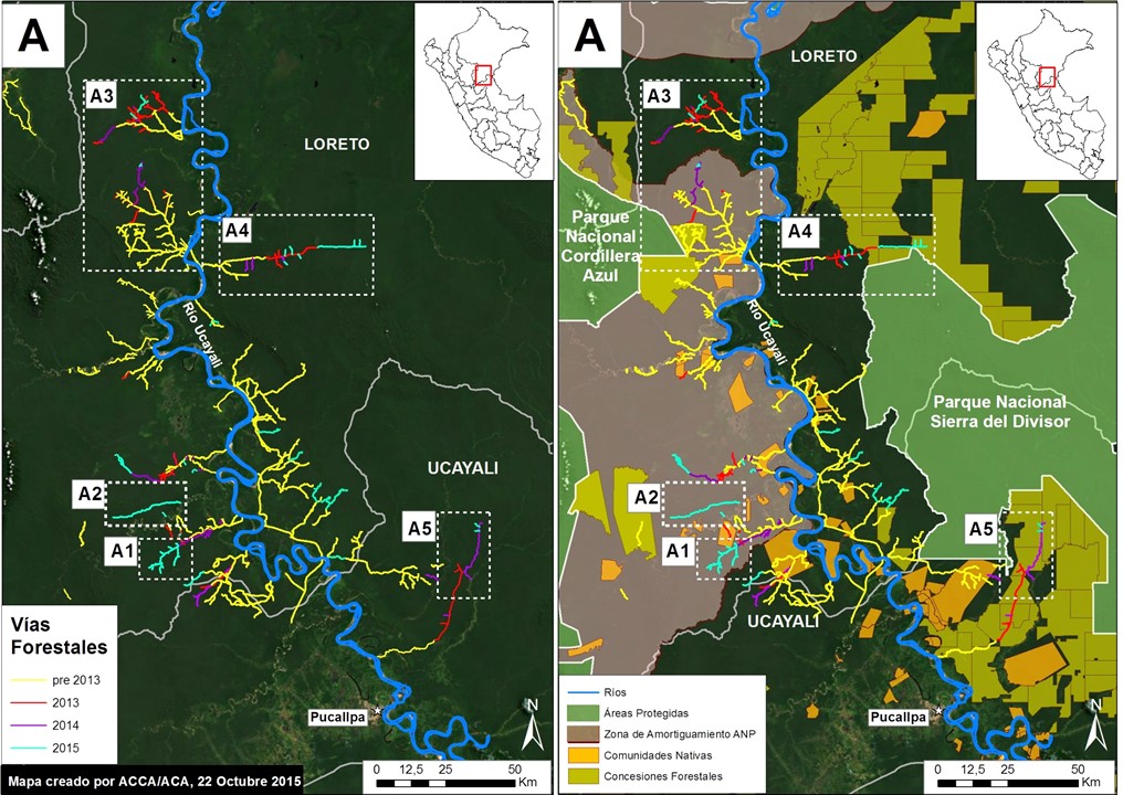 Imagen 18c. Carreteras forestales del Loreto sur/Ucayali norte. Datos: SERNANP, CIMA-Cordillera Azul, IBC, USGS, MINAGRI.