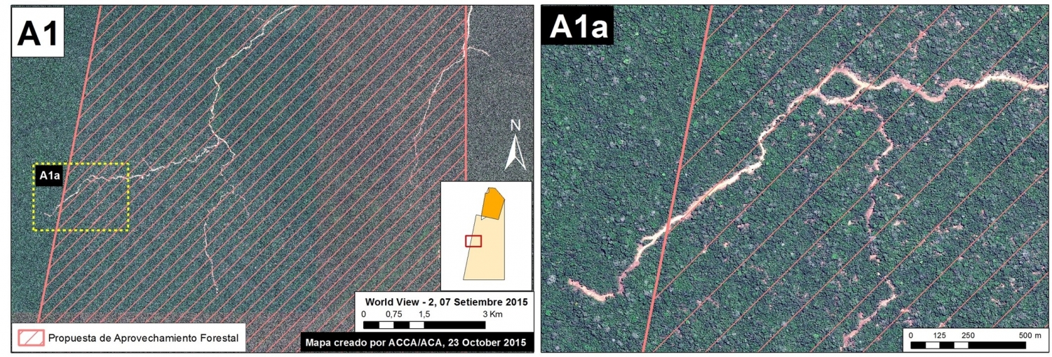 Imagen 18d. Imagen de muy alta resolución de una nueva carretera forestal en la zona de amortiguamiento sureste del Parque Nacional Cordillera Azul. Datos: WorldView-2 de Digital Globe (NextView).
