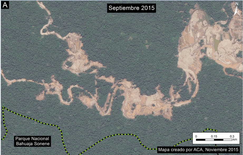 Imagen 19b. Zoom de la deforestación de minería aurífera (ver Cuadro A en Imagen 19a por el contexto). Datos: SERNANP, WorldView-2 de Digital Globe (NextView).