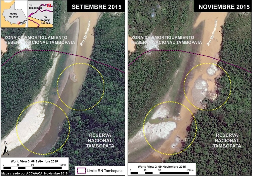 Imagen 1. Invasión reciente de la Reserva Nacional Tambopata. Fuentes: SERNANP, WorldView-2 y WorldView-3 de Digital Globe (NextView).