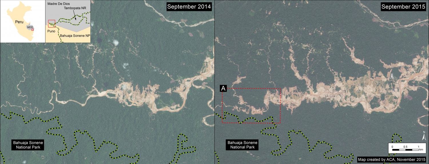 Image 19a. Gold mining deforestation between September 2014 and 2015 along Upper Malinowski. Data: SERNANP, WorldView-2 from Digital Globe (NextView).