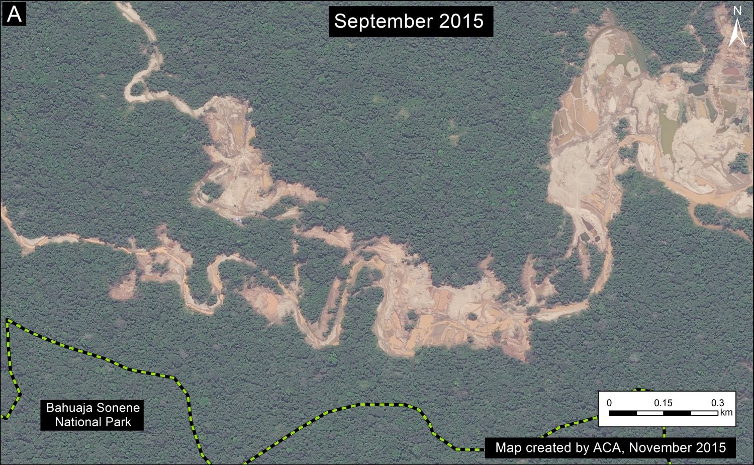 Image 19b. Zoom de la deforestación de minería aurífera cerca el Parque Nacional Bahuaja Sonene (ver Cuadro A en Imagen 19a por el contexto). Datos: SERNANP, WorldView-2 de Digital Globe (NextView).