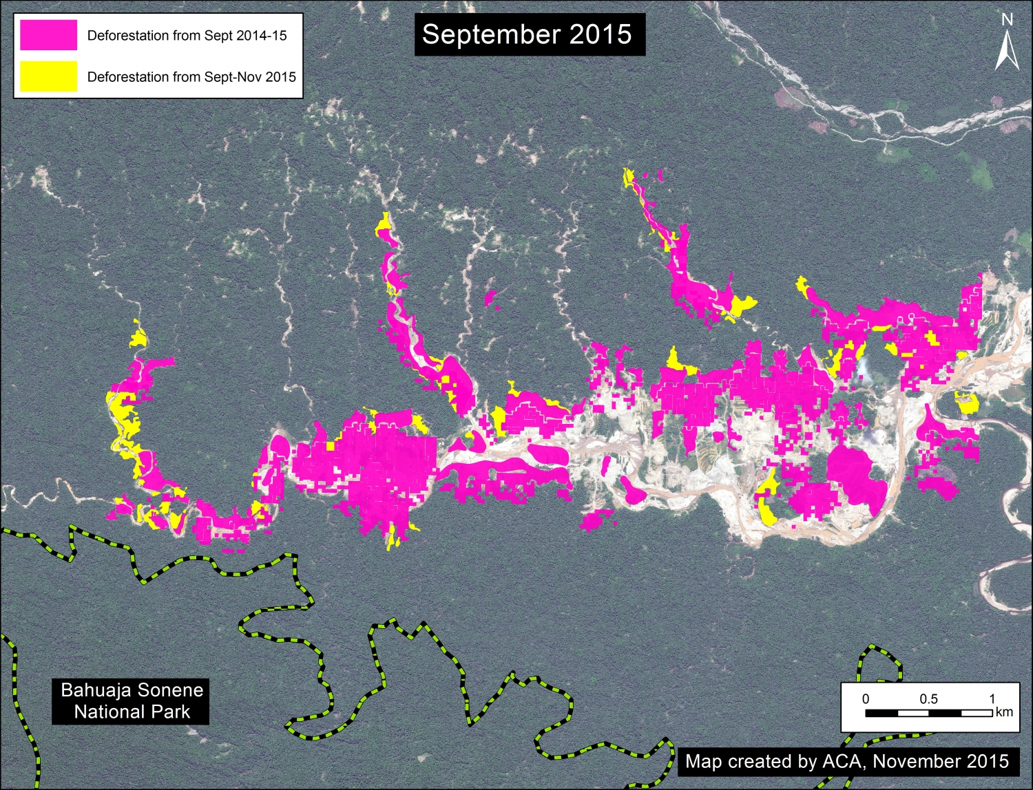 Image 19c. Deforestation analysis between September and November 2015 along the Upper Malinowski. Data: CLASlite, SERNANP, WorldView-2 from Digital Globe (NextView).