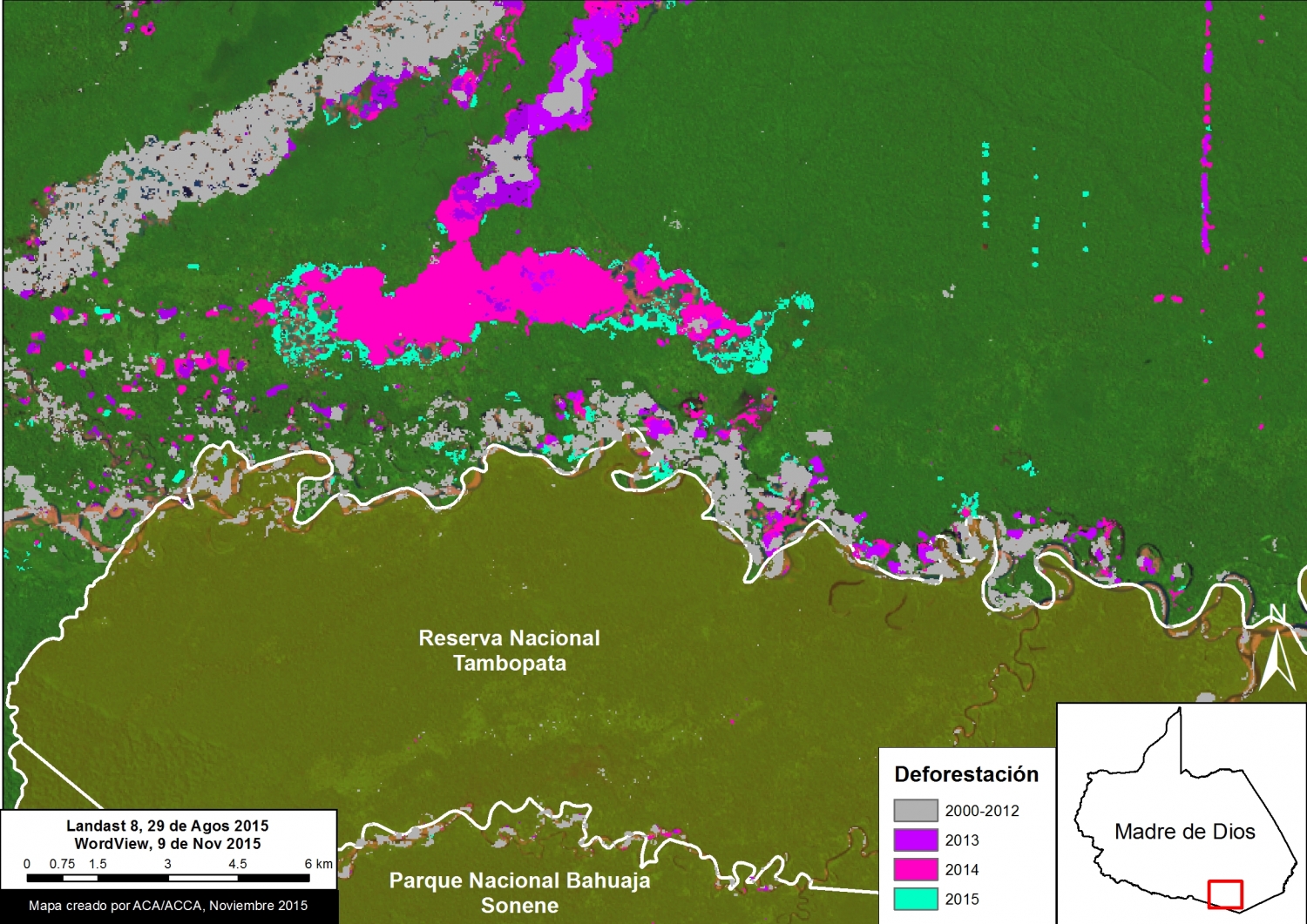 Imagen 3. Análisis de deforestacion. Fuentes: SERNANP, USGS, WorldView-2 de Digital Globe (NextView).