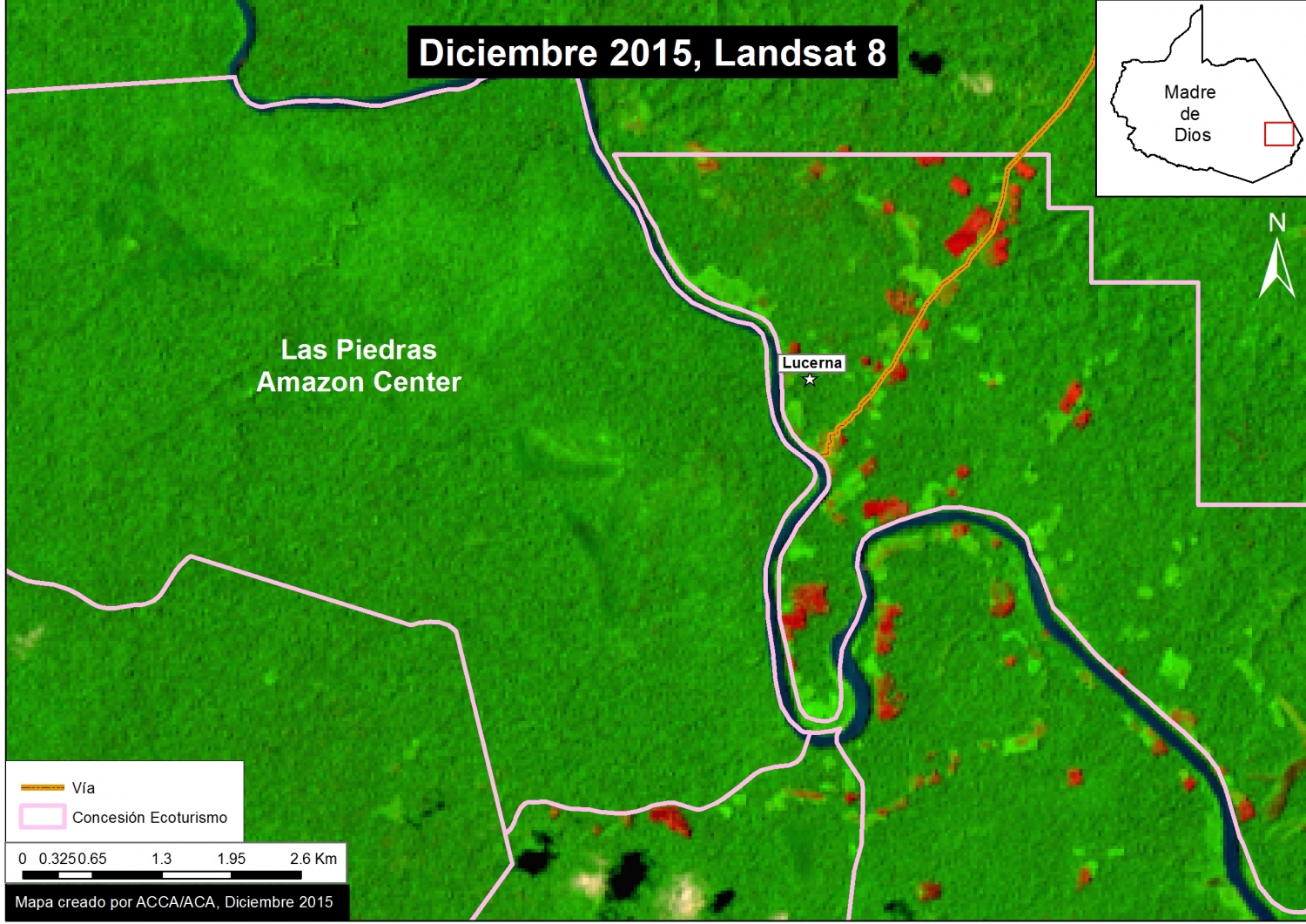 Imagen Xc. Una reciente imagen satelital muestra deforestación a lo largo del bajo río Las Piedras. Datos: USGS,MINAGRI.