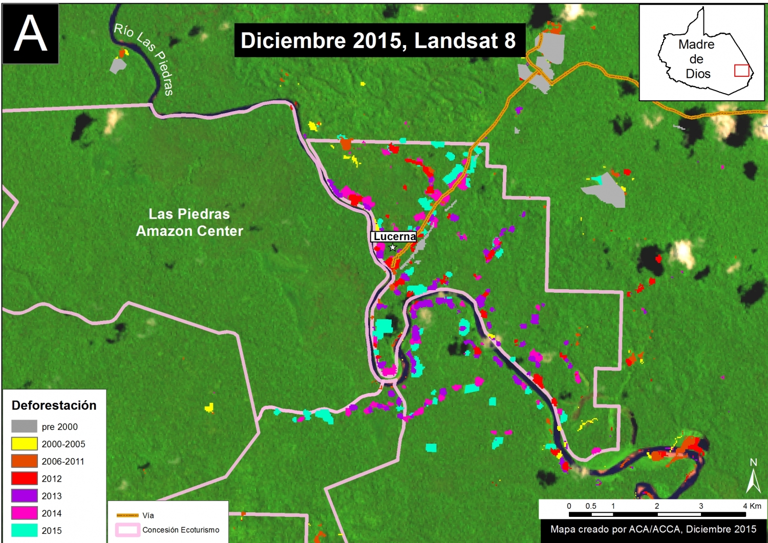 Imagen Xb. Análisis de deforestacion en la cuenca baja del rió Las Piedras. Datos: MINAGRI, PNCB/MINAM, Hansen/UMD/Google/USGS/NASA.