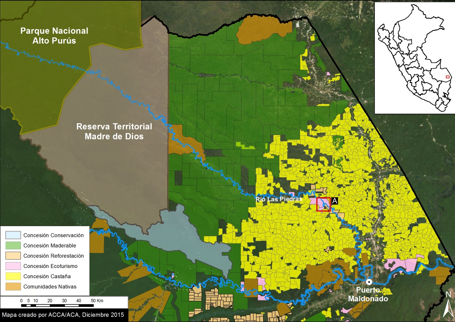 Imagen Xa. El Río Las Piedras y designaciones de uso de los recursos. Datos: MINAGRI, IBC, SERNANP.