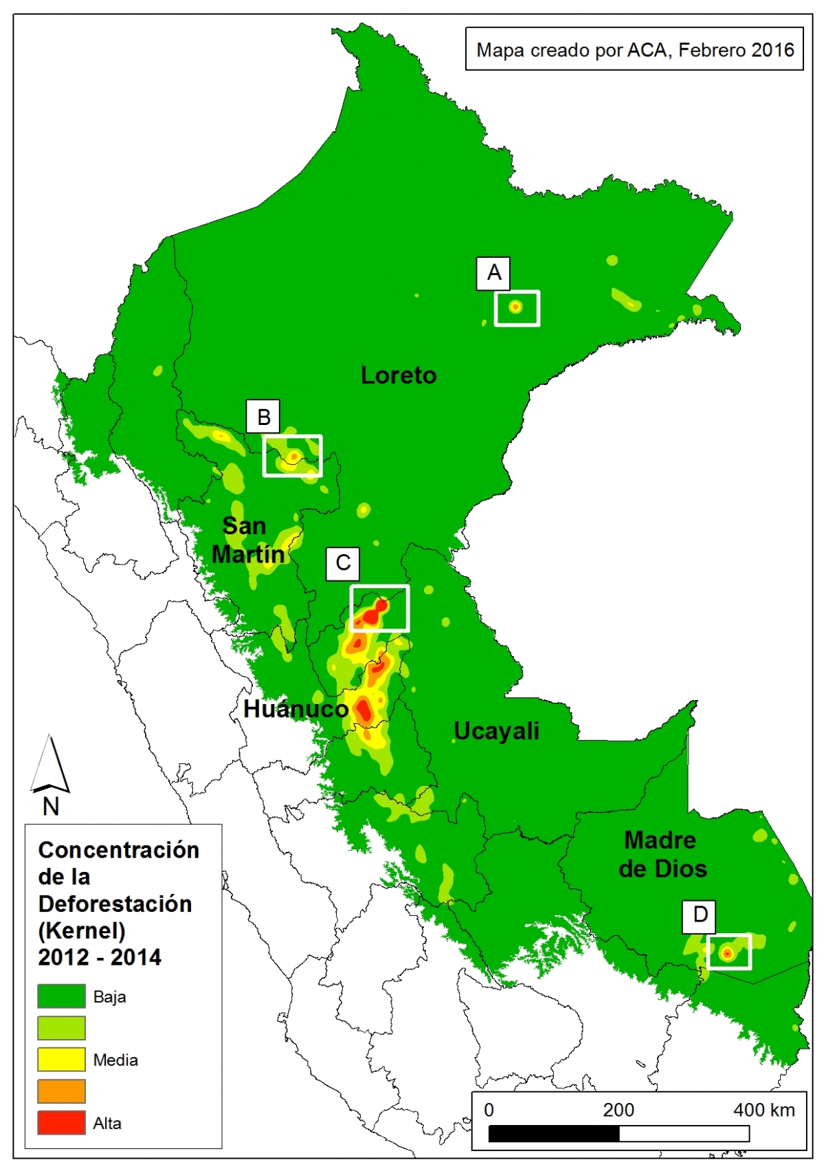 Imagen 25a. Mapa de densidad Kernel para la pérdida de bosques en la Amazonía peruana entre 2012 y 2014. PNCB/MINAM, Hansen/UMD/Google/USGS/NASA