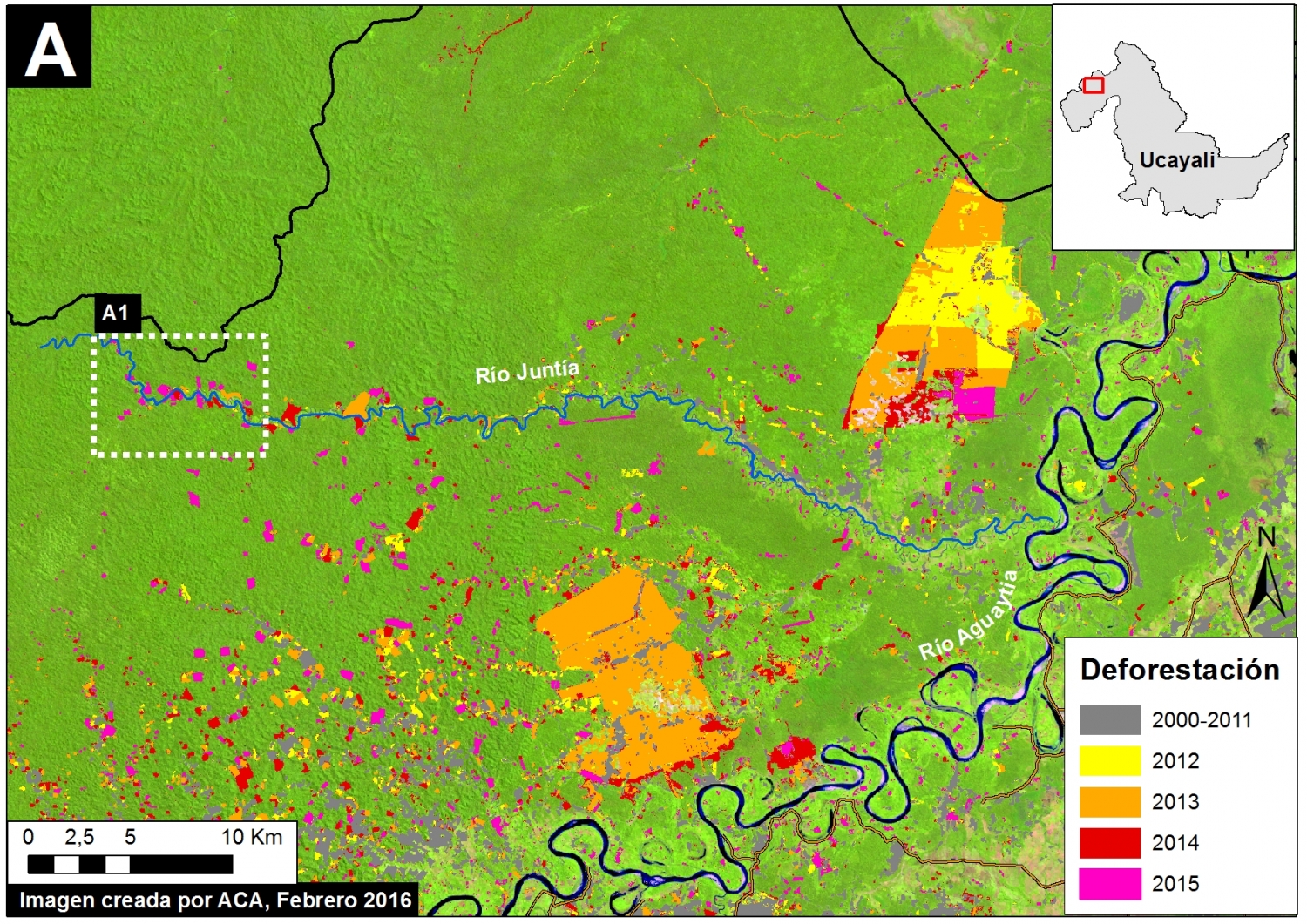 Image Xb. 2000-15 deforestation for area in Inset A. Data: Hansen et al 2016, ERL, PNCB/MINAM, Hansen/UMD/Google/USGS/NASA.