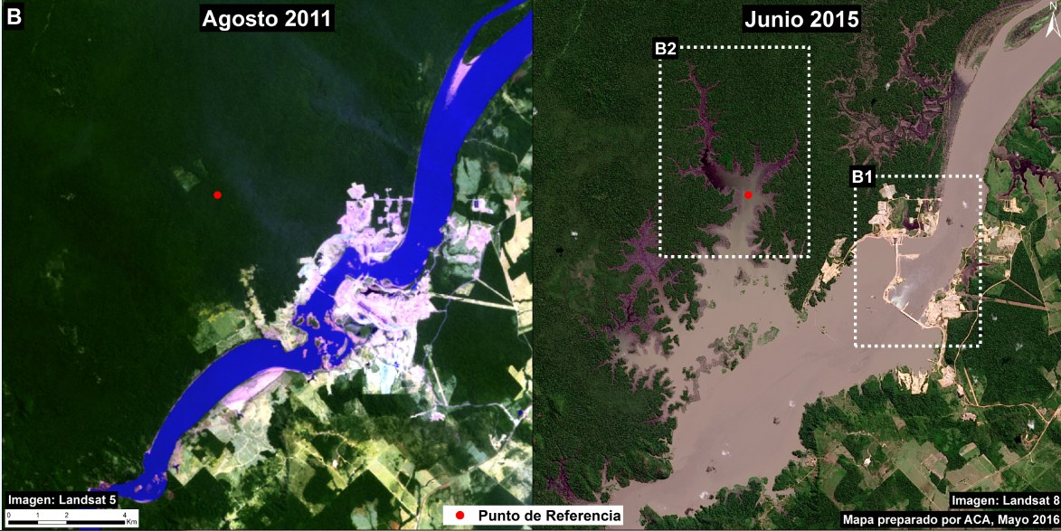 Imagen 33c. Inundaciones inmediatamente aguas arriba de la represa Jirau entre 2011 (panel izquierda) y 2015 (panel derecha).