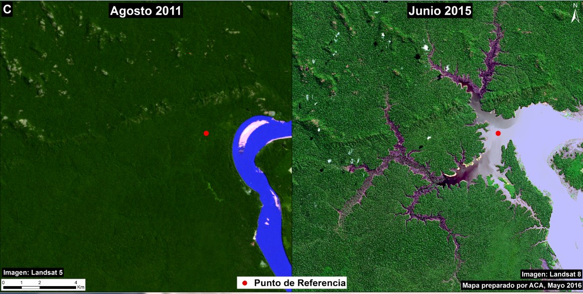 Imagen 33f. Las inundaciones de bosques de aguas arribas de la represa de Jirau entre 2011 (panel izquierda) y 2015 (panel derecha). Datos: USGS