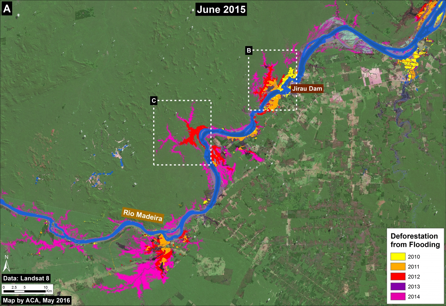 Image 34b. Flooding-related forest loss along the Upper Madeira River. Data: USGS, CLASlite, Hansen/UMD/Google/USGS/NASA.